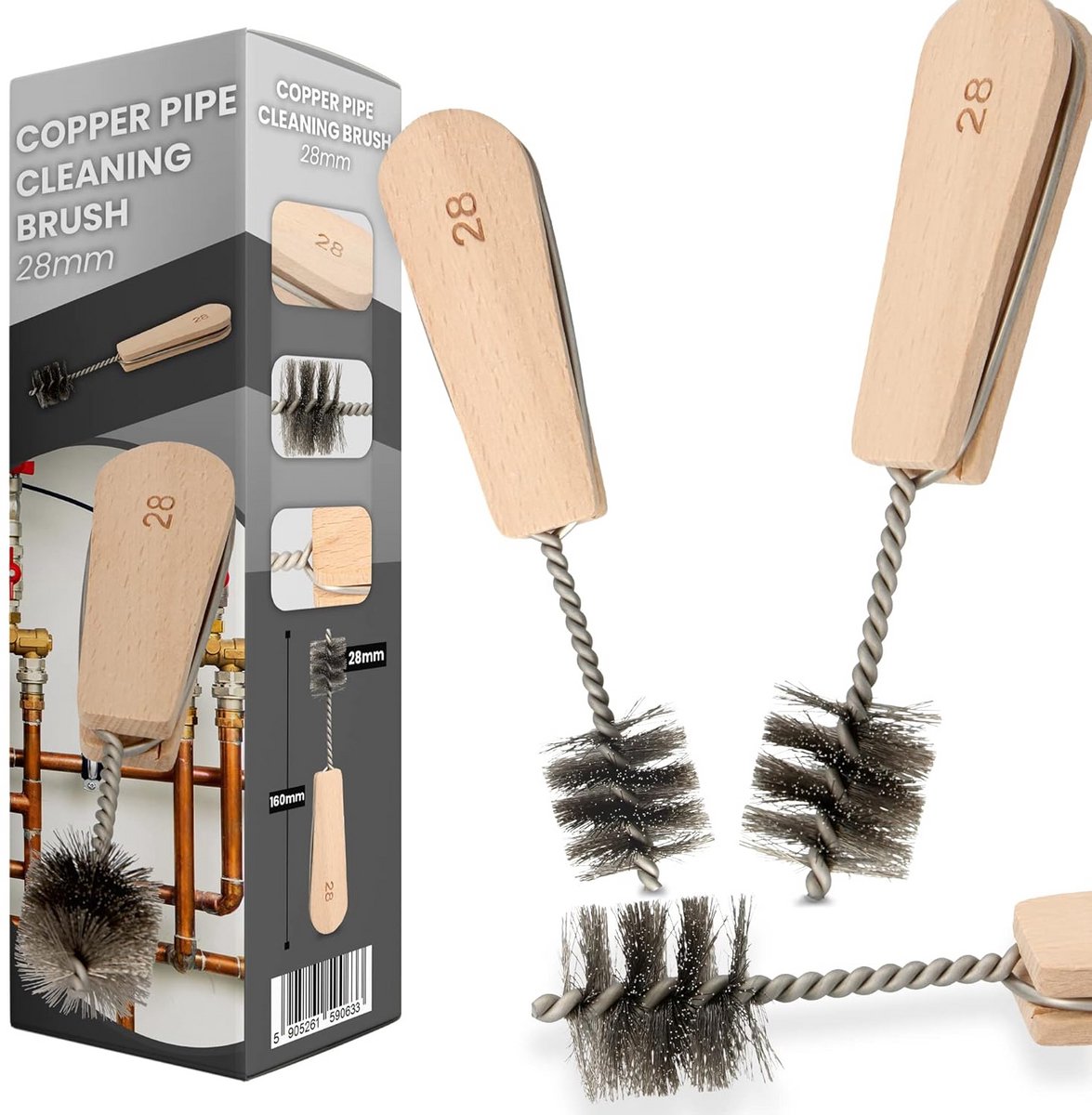 Draadborstel voor Koperen Buisreiniging Ø 28 mm met Houten Handvat