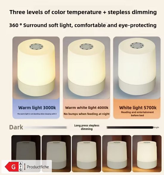 Oplaadbare Touch Bedlamp – Dimbaar Warm 360 LED Nachtlampje – Met Ophangfunctie & Noodverlichting – Voor Slaapkamer & Kinderkamer — afbeelding 3