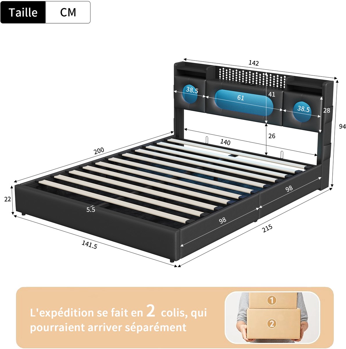 De Weteringsbrugmolen Gasveerbed 140x200 cm met LED-hoofdbord - afbeelding 2