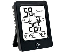 Digitale thermo-hygrometer met groot LCD scherm – binnen thermometer en luchtvochtigheidsmeter met comfortindicatie, max/min geheugen en achtergrondverlichting – zwart