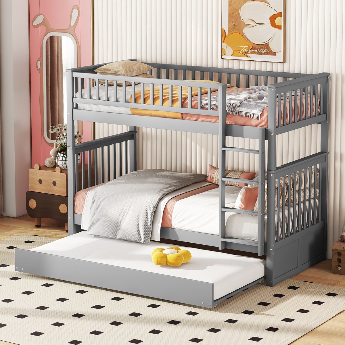 Wishdor Stapelbed 90x200 cm - Met Uitschuifbed & Trap - Hoge Veiligheidshekken - Flexibel & Veilig - Grenen & MDF - Grijs