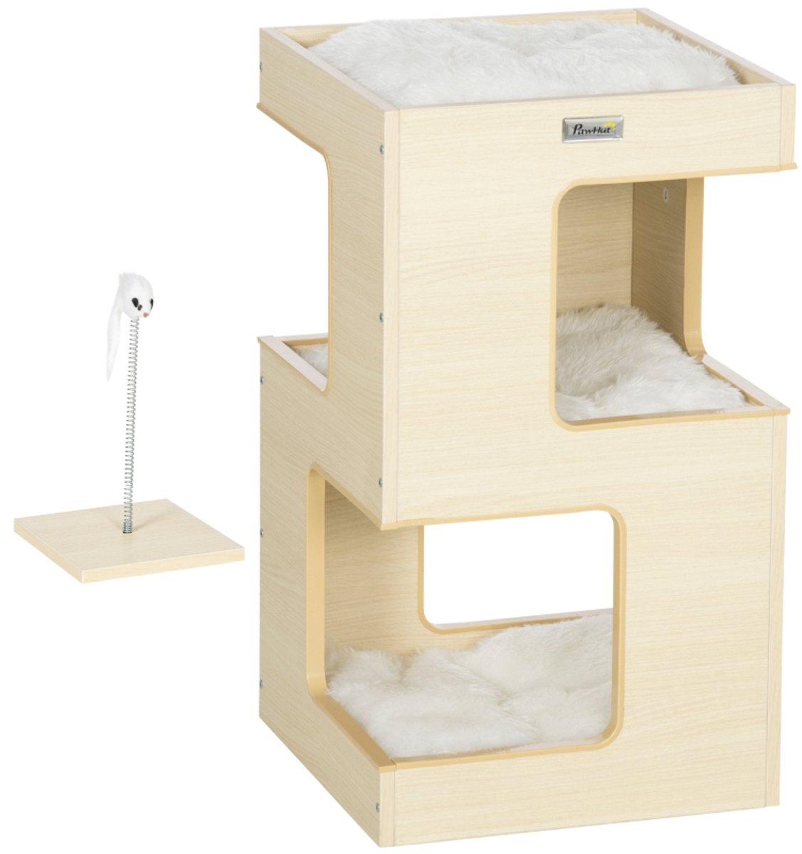 Katten Tonne - 34 x 34 x 60 cm - Met 2 Niveaus + Speelgoed - Natuur + Lichtgrijs
