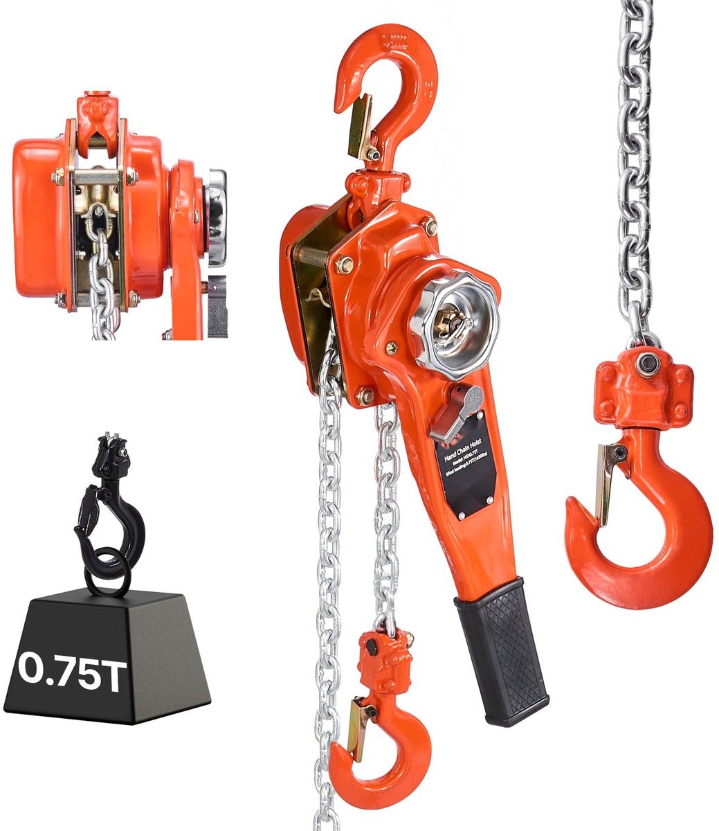 Handmatige Kettingtakel - 0,75 Ton - Capaciteit 750 kg - Hefhoogte 1,5 m - G80 Gegalvaniseerd Staal - Weston Dubbele Palrem - Automatische Kettinggeleider - 360° Draaibare Haak