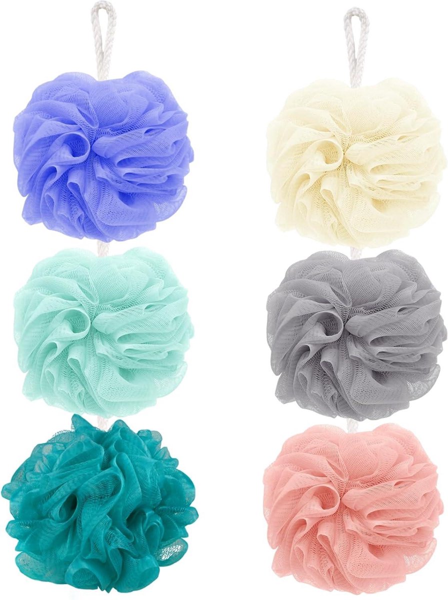 Allecta - Mesh douchesponzen voor lichaam, zacht & duurzaam, netpoef loofah, scrub peeling, massage - 6 stuks