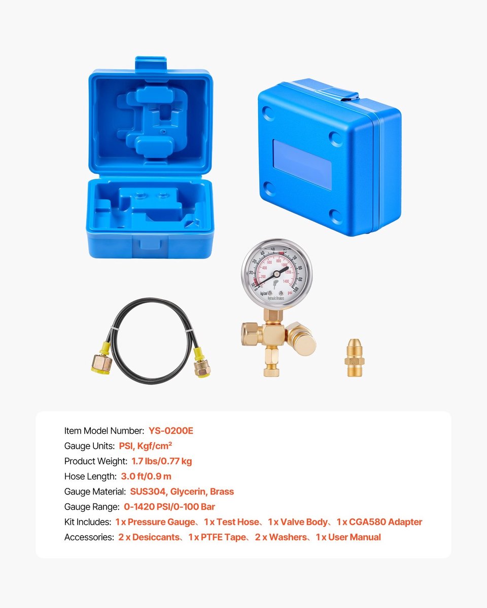 Hydraulische Stikstofvulset/-kit - Druktestsysteem - Drukbereik 0-1420 PSI (0-98 bar) - Manometer - Gasslang - Klephuis - CGA580-adapter - Voor bouwmachines