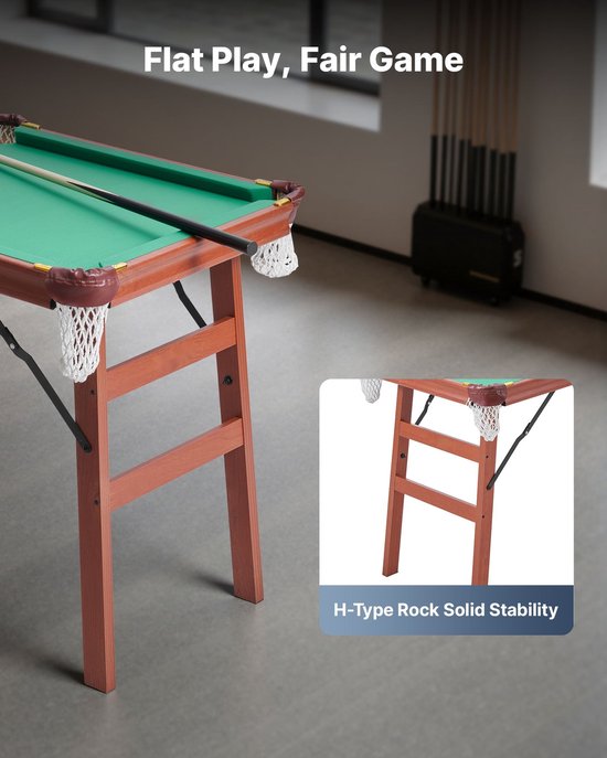 Pooltafel - Opvouwbaar Draagbaar Model - Afmeting 140 cm - Ruimtebesparend - Compleet met Ballen, Keu, Driehoek, Krijt en Borstel - Bruin met Groen Laken — afbeelding 3
