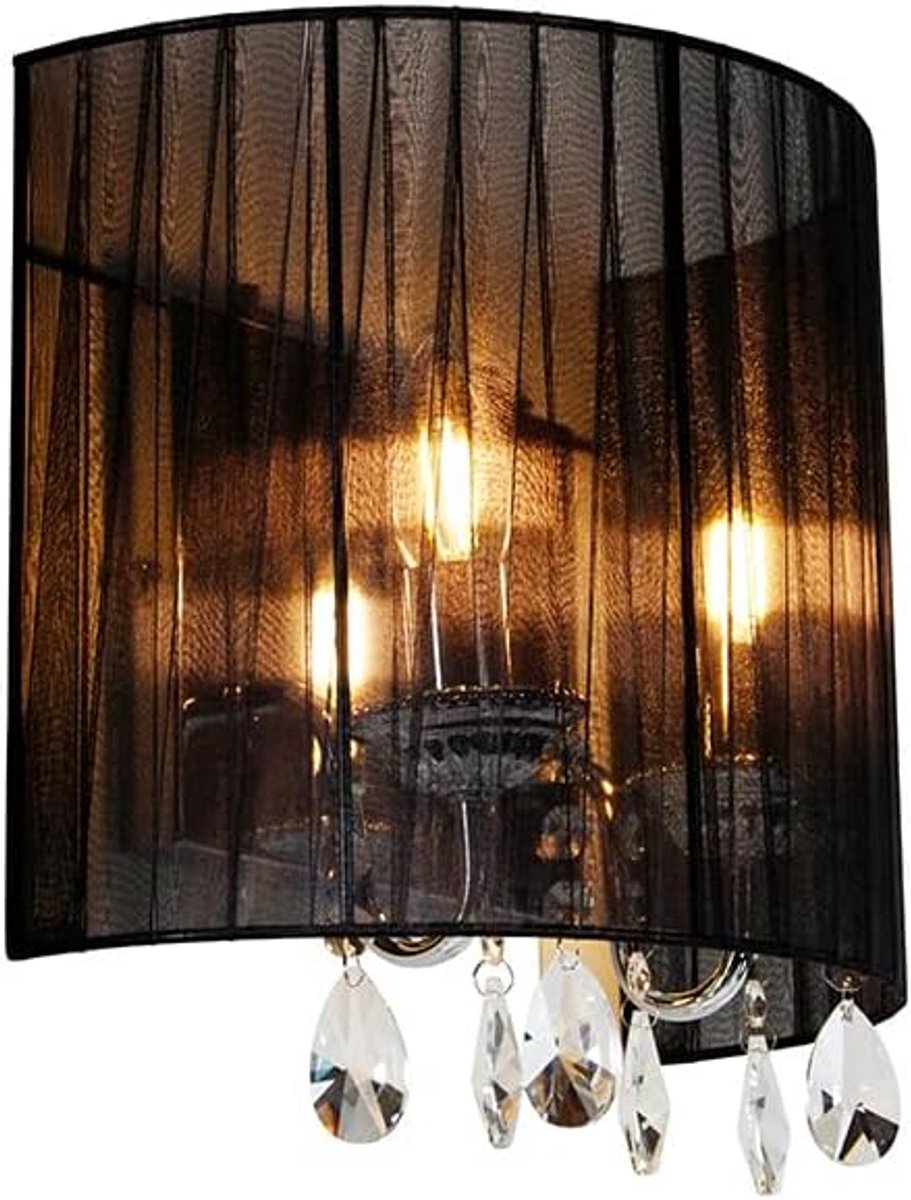Klassieke Wandlamp Chroom met Zwarte Stofkap - Antieke Sfeerverlichting voor Woonkamer en Slaapkamer - 2 Lichtpunten E14