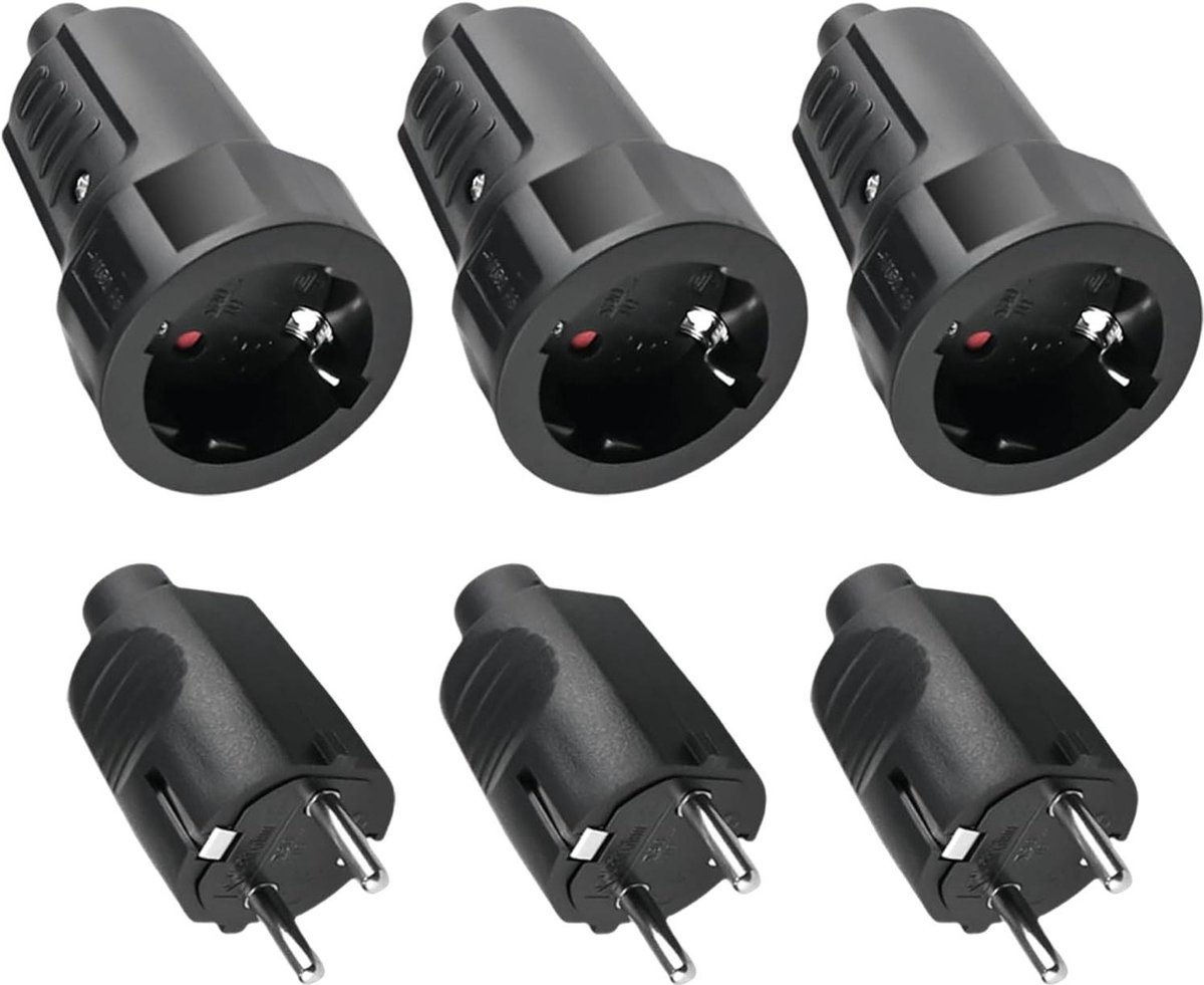 Allecta - Rubberen Schuko-stekkerkoppeling voor buiten, geaard, IP44, 2-polig 16A & 3,7kW (zwart)
