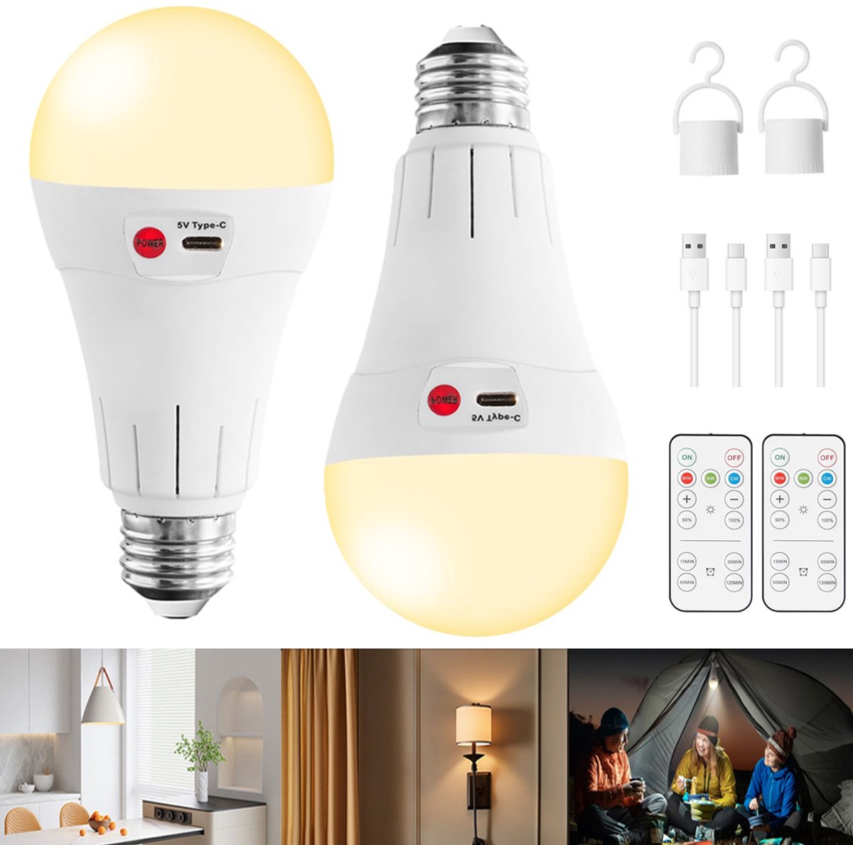 Noodverlichting oplaadbaar - E27 led-lamp met afstandsbediening - 7w 2000mah dimbare lamp - Werkt bij stroomuitval - Draadloze lamp voor kamperen & buiten - 2 stuks