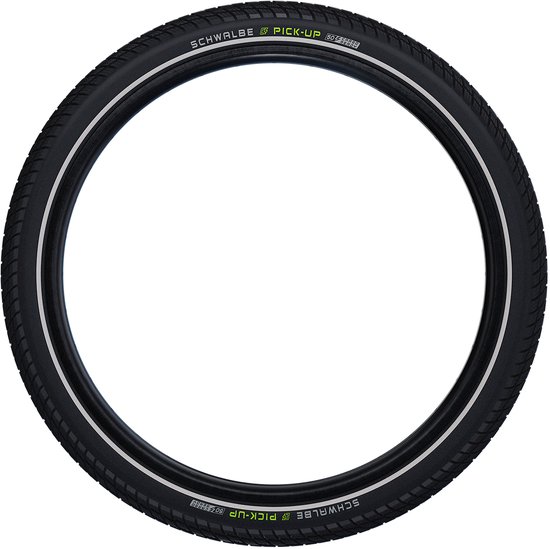 Zwarte Schwalbe Pick-Up fietsband met een grof profiel, witte reflecterende streep en groen logo.