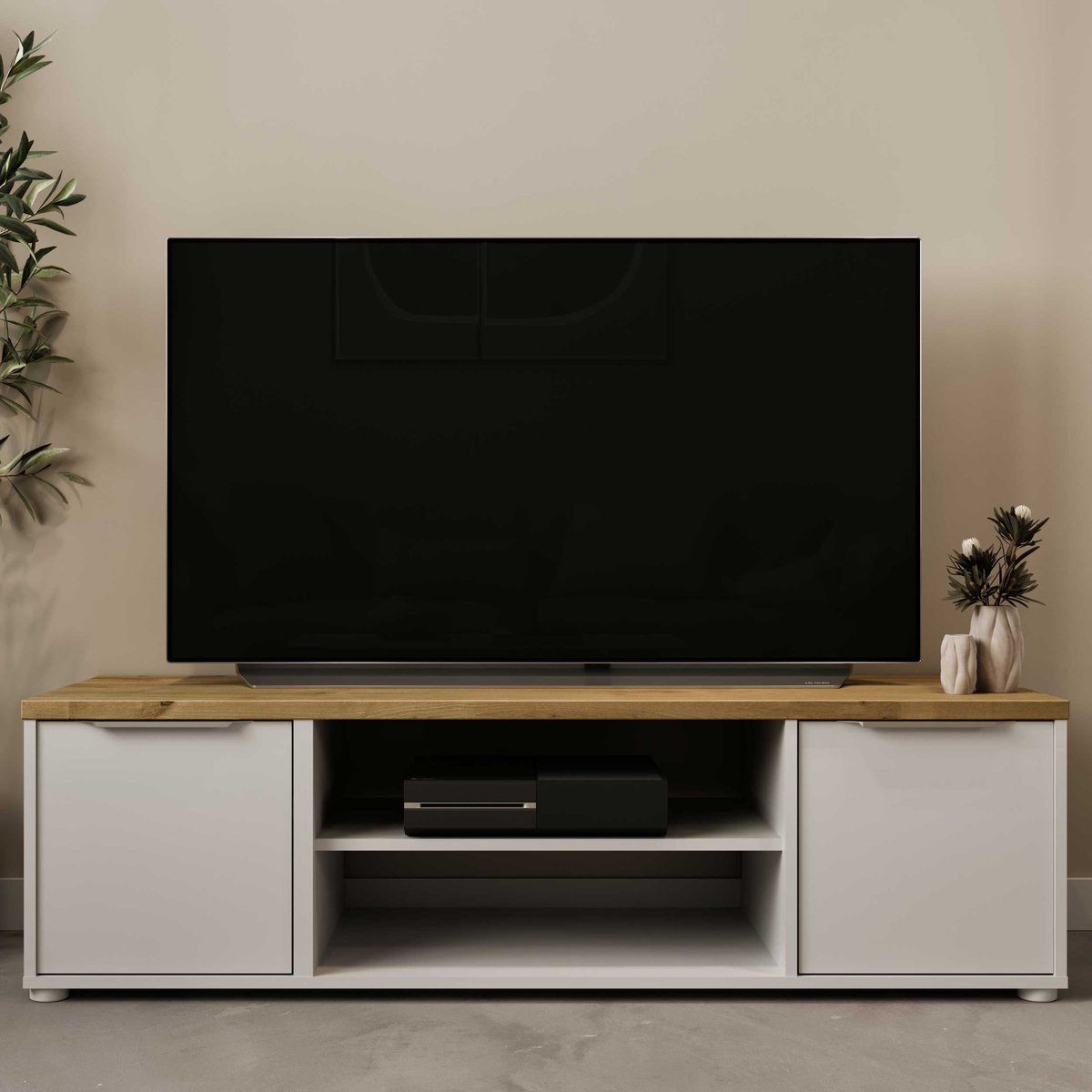 CALICOSY - Meuble TV 2 portes et 2 niches décor chêne et blanc L135 cm - ACCESS