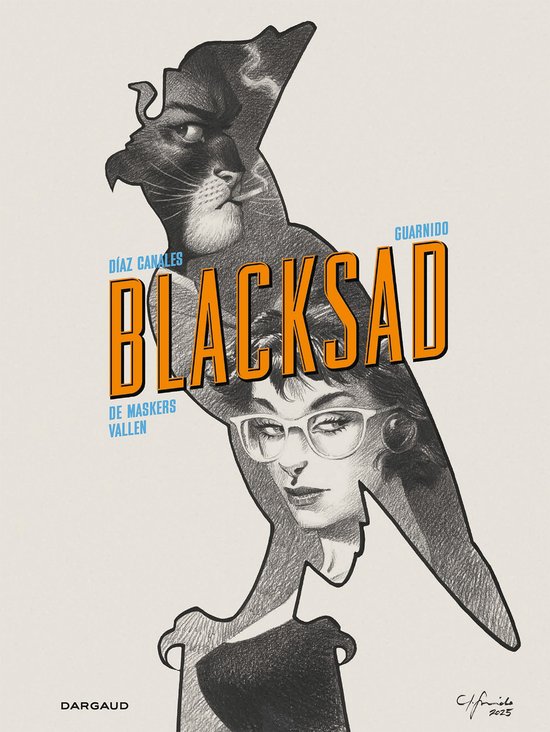 Blacksad luxe 25 jaar, met tekst 'BLACKSAD' in oranje letters, dubbelportret van kat en vrouw.