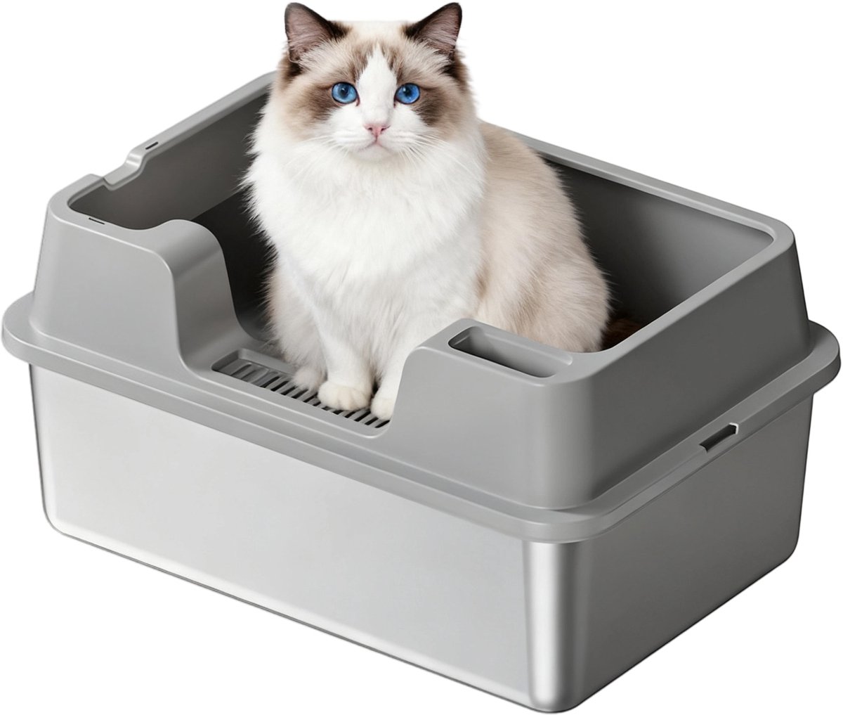 RVS Kattenbak - Kattentoilet Roestvrijstaal - Open Kattenbak - Incl. Kattenbakschep met Houder en Gritopvang Opstapje - 60x35x27cm - Grijs