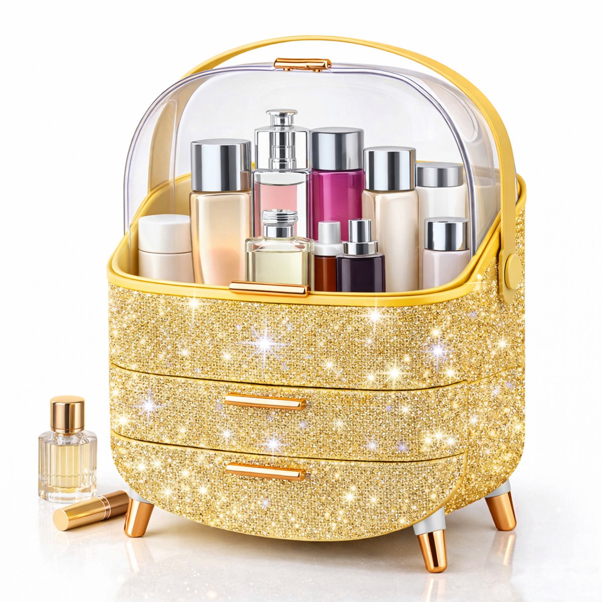 NETTLIFE Make Up Organizer - Skincare Organizer - Organizer Make Up - met 3 niveaus - Make up koffer - Opbergdoos - draaibare handgreep en doorzichtig deksel - Water- en stofdichte cosmetica - goud