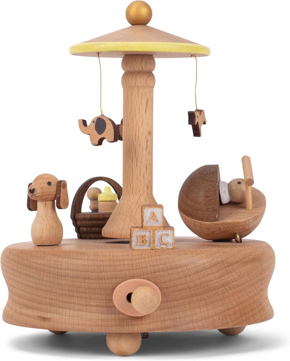Houten Muziekdoosje met Slapende Baby en Roterende Figuren