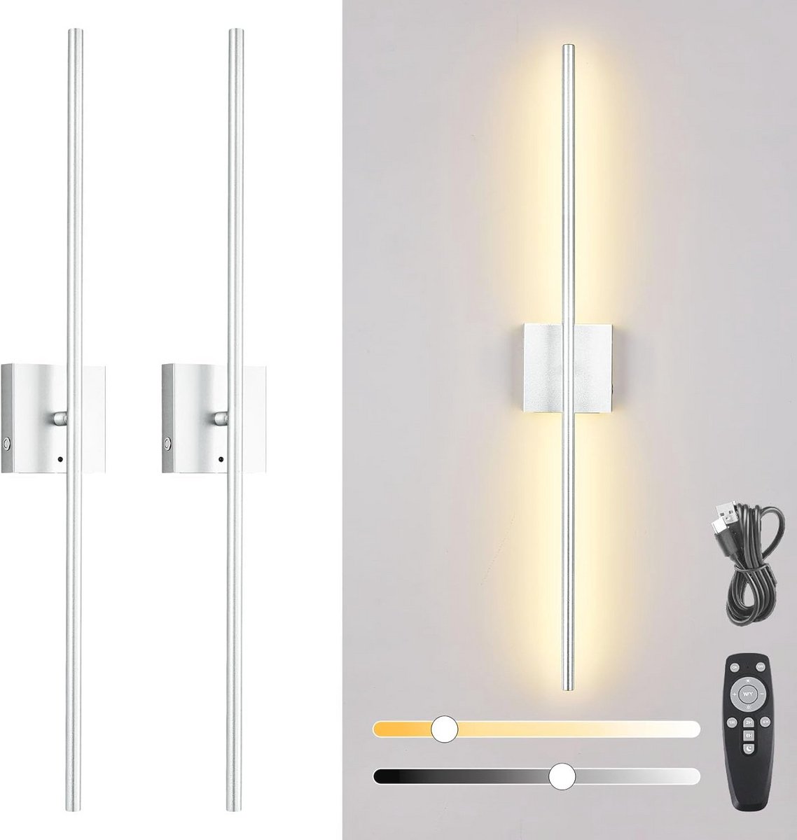 Oplaadbare Wandlamp met Afstandsbediening, Dimbare LED Muurlamp met Timer en 360° Rotatie - 2 Pack
