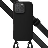 Selencia Hoesje - Geschikt voor Apple iPhone 16 Pro - Siliconen hoesje met afneembaar koord - Zwart