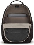 Open zwarte Kipling rugzak met patroon, laptopvak en Kipling logo.