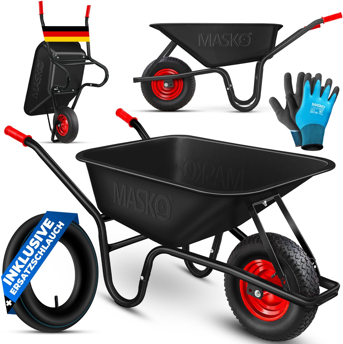 MASKO® Kruiwagen 100L met Luchtbanden max. 250kg laadvermogen inclusief Handschoenen - Zwart