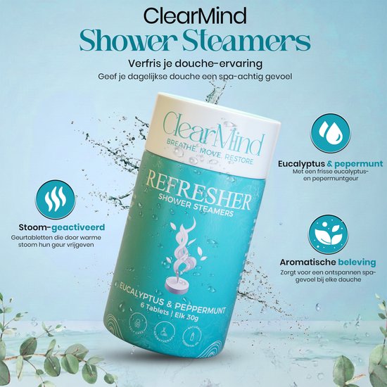 Douche steamer koker met teksten: 'Verfris je douche-ervaring', 'Eucalyptus & pepermunt', 'Stoom-geactiveerd'.