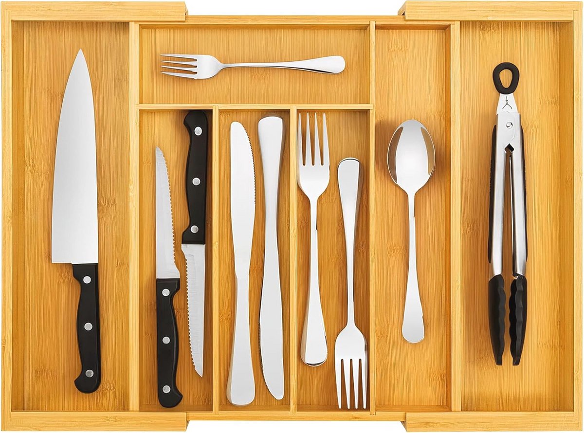 2-pack bamboe bestek organizer voor lade, verstelbare keuken bestekhouder