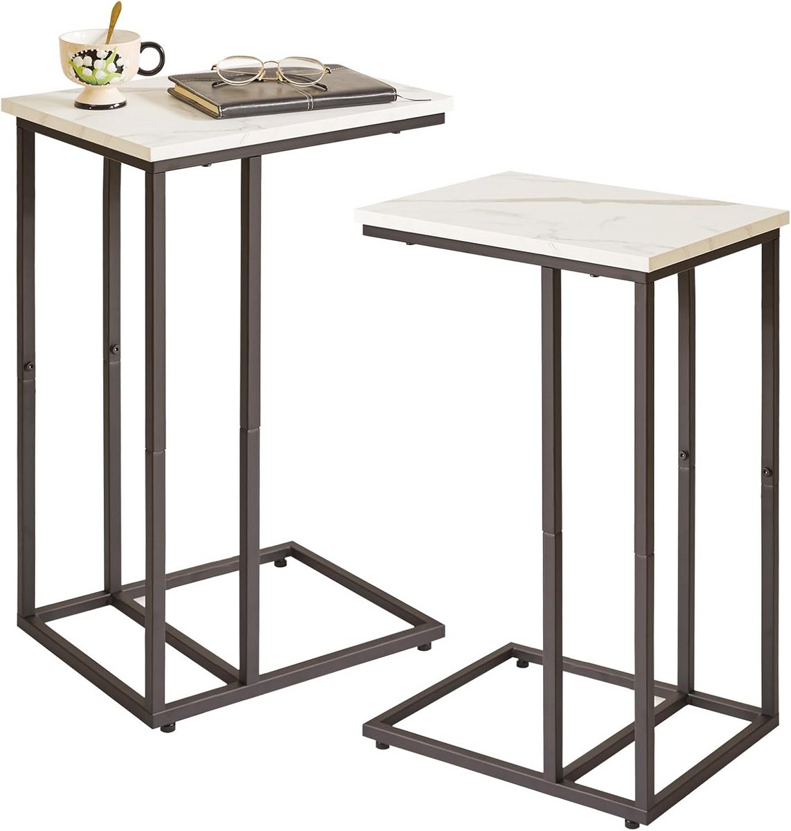 C-vormige Bijzettafel met Metalen Frame - Witte Kunstmarmeren Afwerking voor Woonkamer en Slaapkamer