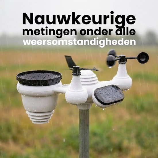 Grijze 7-in-1 buitensensor voor een weerstation die nat is door regen.