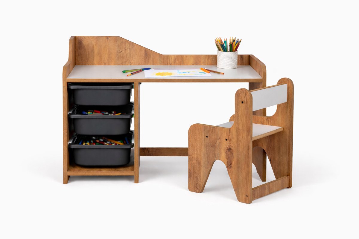 WoodWorks Kinderbureau met stoel – MDF hout – Inclusief 3 zwarte plastic lades – Walnoot/Wit – Voor kinderen 2-6 jaar
