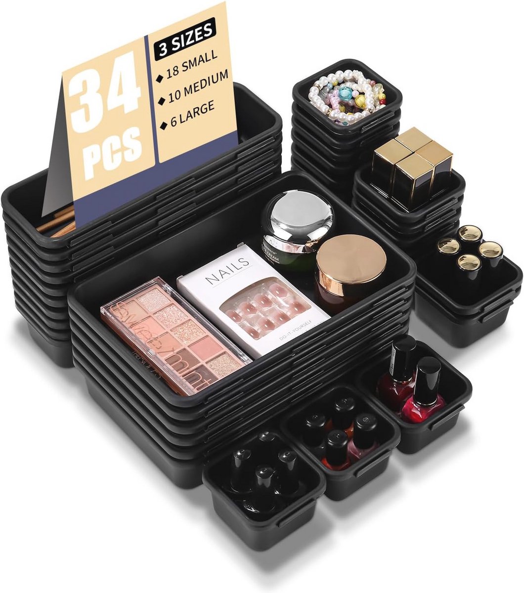 Zwarte Lade-Organizer Set van 34 Stuks voor Badkamer en Make-uptafel
