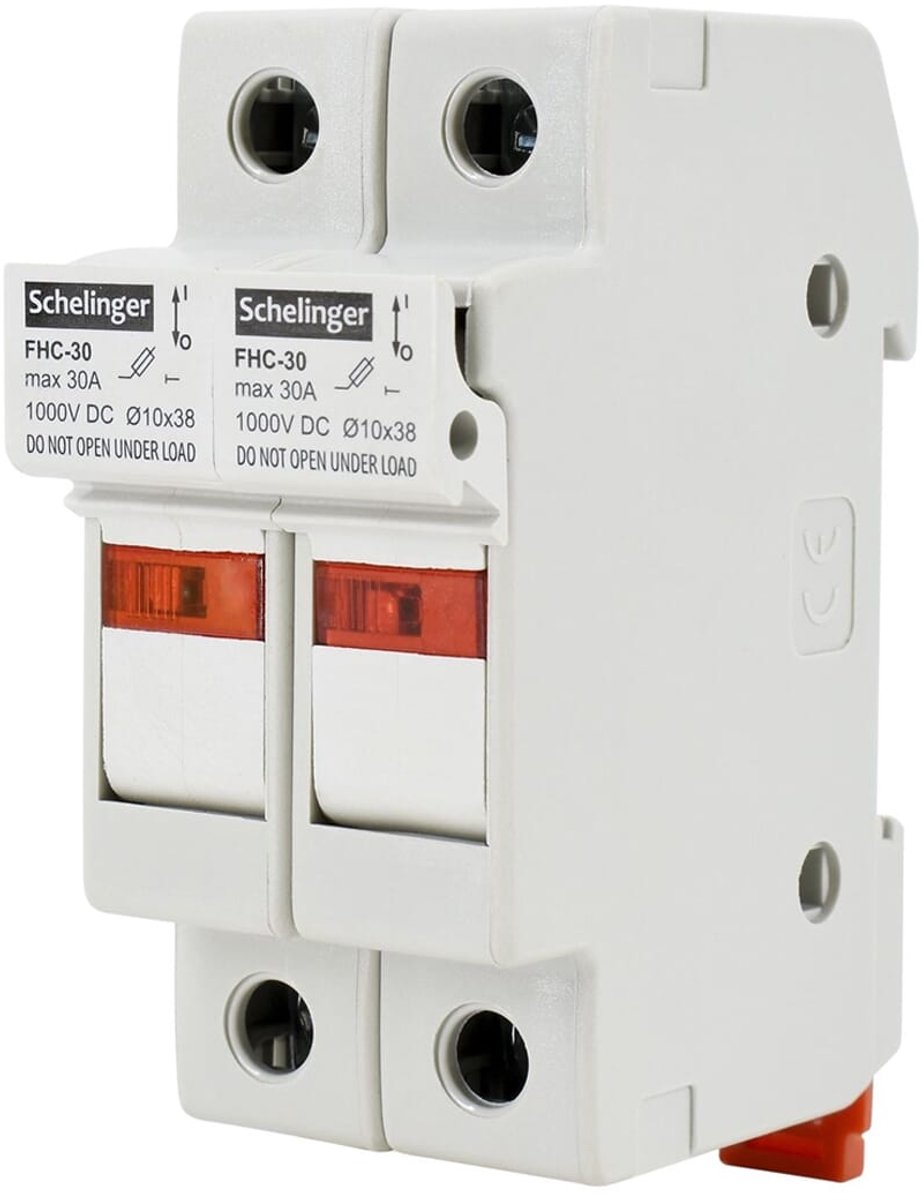 Schelinger Zekeringhouder 2-polig ø10×38mm - 1000V DC - Max. 32A - DIN-rail 35mm - IP20