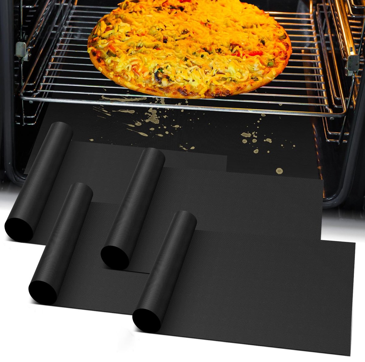 4 pack ovenvoeringen voor de bodem - 16 x 20 inch herbruikbare antiaanbak ovenvoeringen voor de bodem van een elektrische oven, hittebestendige beschermer voor buitenfornuizen in gasovens, gemakkelijk schoon te maken, fornuisvoeringen