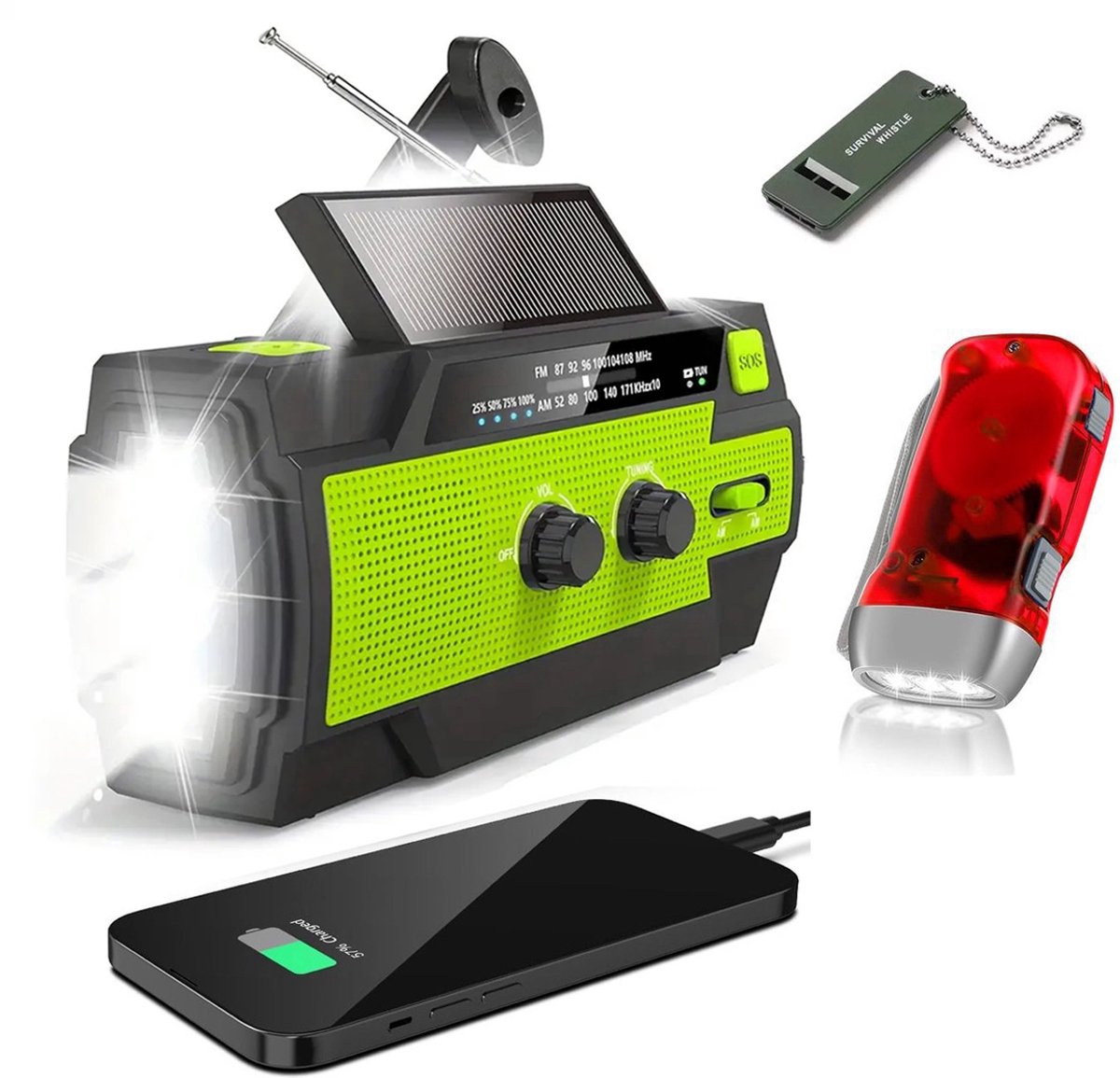 Cover van Noodradio Solar Opwindbaar en Batterij - Noodpakket - Draagbare Survival Radio - 4000 mAh - Powerbank Zonneenergie - Bouwradio - Zaklamp - Groen