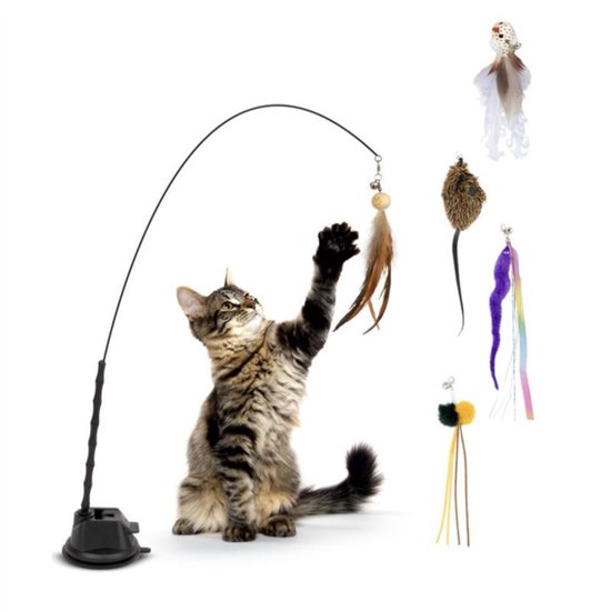 Kattenvisspeelgoed met zuignap en veren, kattenplaagspeelgoedset, interactieve kattenspeelgoedset met vogelsimulatie, speelhengel voor katten