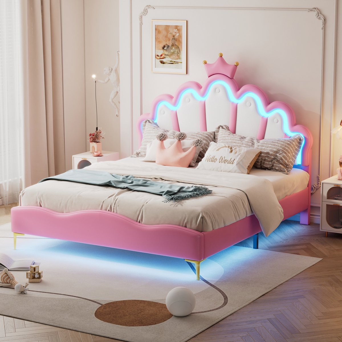 MODFU Luxe Prinsessenbed met Kroon (140x200) - Kinderbed met Bluetooth App LED-Verlichting - PU Leer - Roze