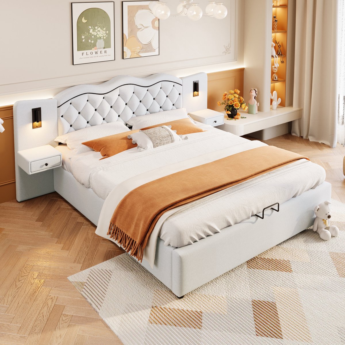 MODFU Bedframe 180x200 cm – beige linnenimitatie – met geïntegreerd hoofdbord, LED, USB en hydraulische opbergruimte