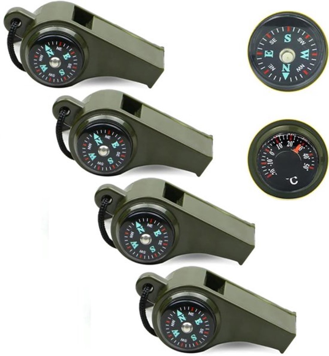 MDUG Set van 4 stuks kompasfluitjes, multifunctioneel 3-in-1 noodoverlevingsgereedschap - Militair groen - Met kompas, thermometer en touw - Geschikt voor kamperen en wandelen