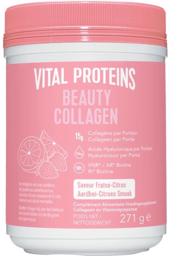 Vital Proteins - Beauty collageen - 15 gram Peptiden Rundercollageen - Gehydrolyseerd - Biotine en Hyaluronzuur - Aardbei Citroensmaak - 271 gram -
