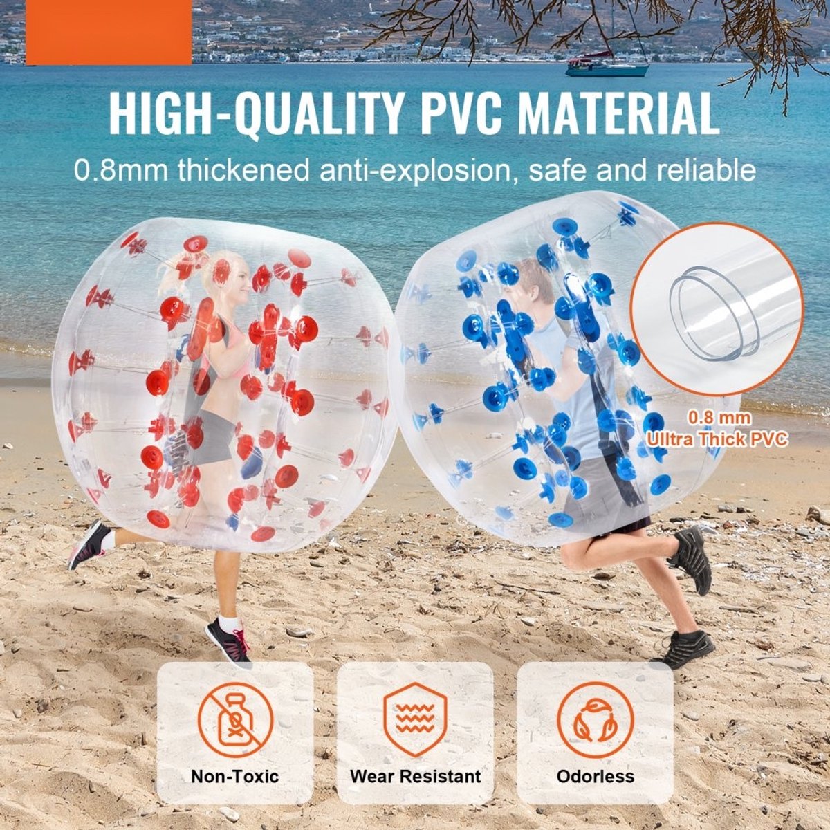Opblaasbare Bumperbal / Bubbelbal - Set van 2 - Afmeting 120 x 103 cm - PVC - Voor Buitenactiviteiten - Rood/Blauw Stippen