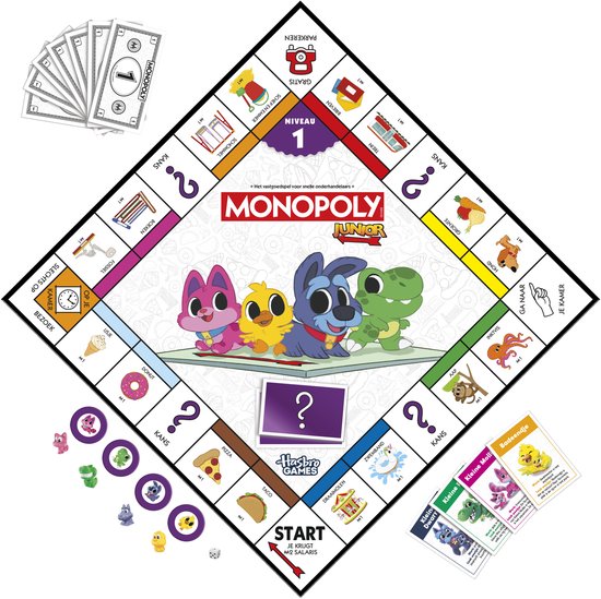 Monopoly Junior speelbord niveau 1 met kat, kuiken, hond, dinosaurus, geld en kaarten.