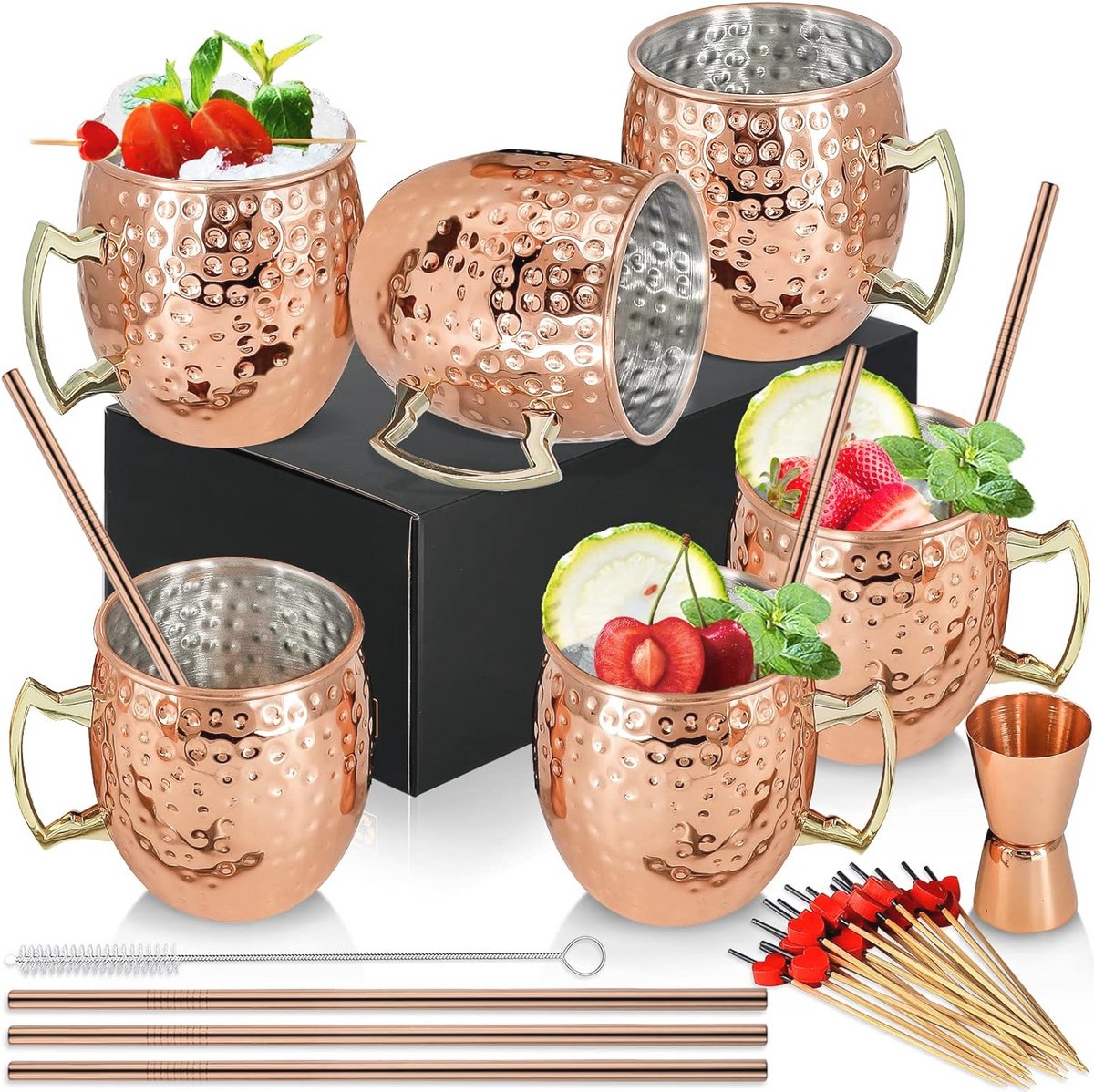 Set van 6 Gehamerde Koperen Mokken 18oz voor Cocktails