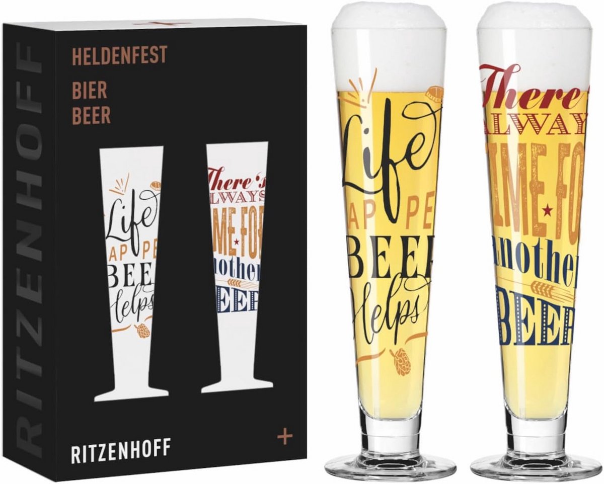 Bierglas 330 ml - set van 2 - serie Heldenfest - met spreuk, meerkleurig