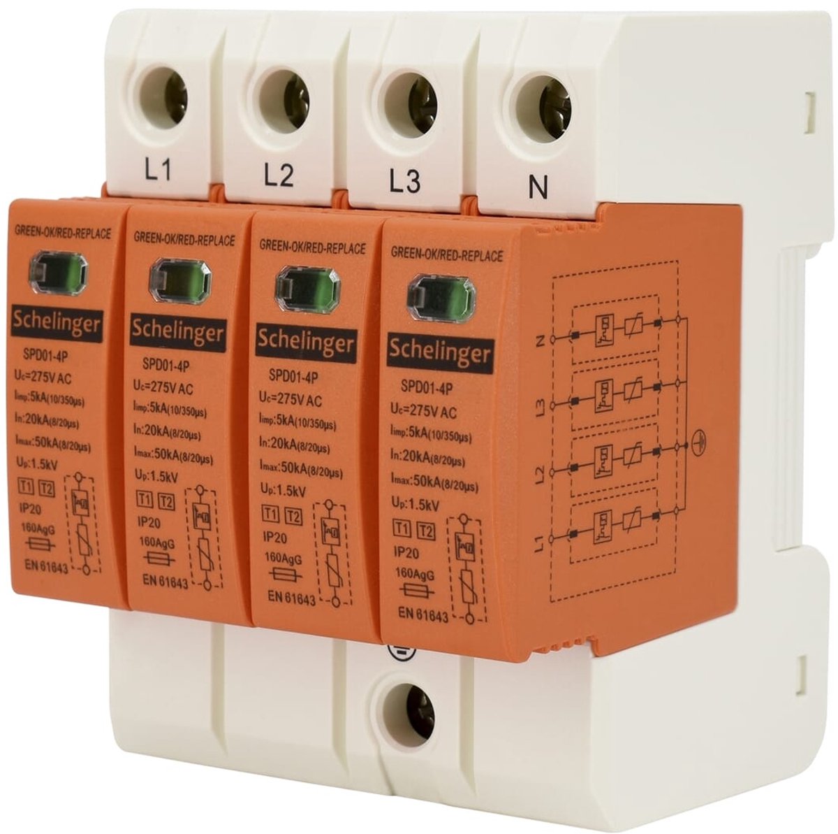 Schelinger Overspanningsbeveiliging 4-polig T1+T2 (B+C) - 275V AC - 50kA - DIN-rail - IP20