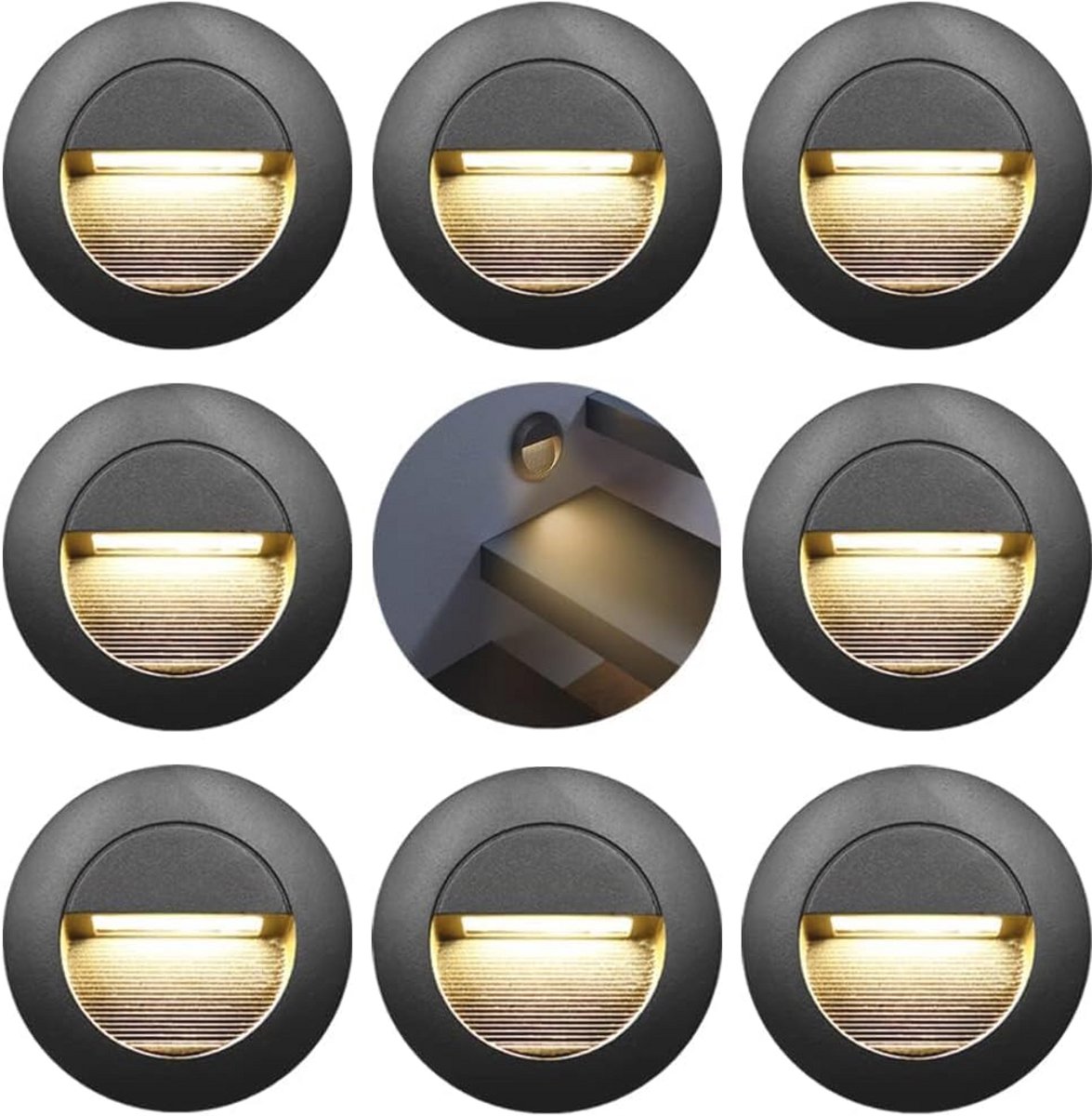 Verzonken Trapverlichting LED 8x, 230V, 3W, Ronde Wandlamp, Warmwit 3000K, IP65 Waterdicht