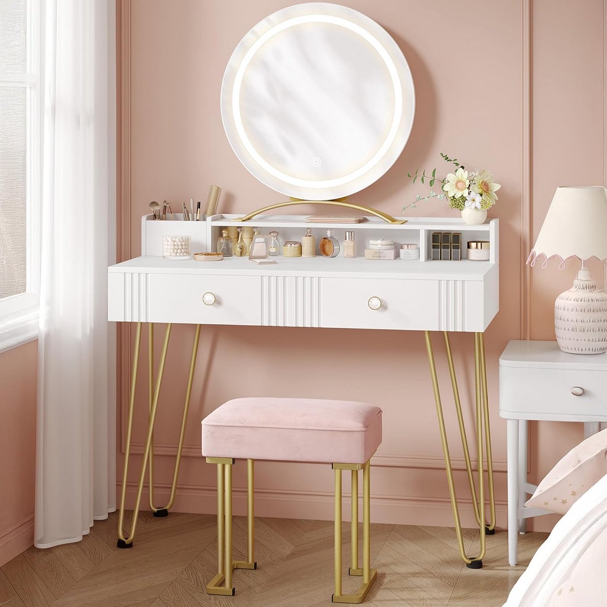 Moderne Kaptafel met Kruk en Verlichting, Spiegel en Lades, Romantisch Wit en Goud