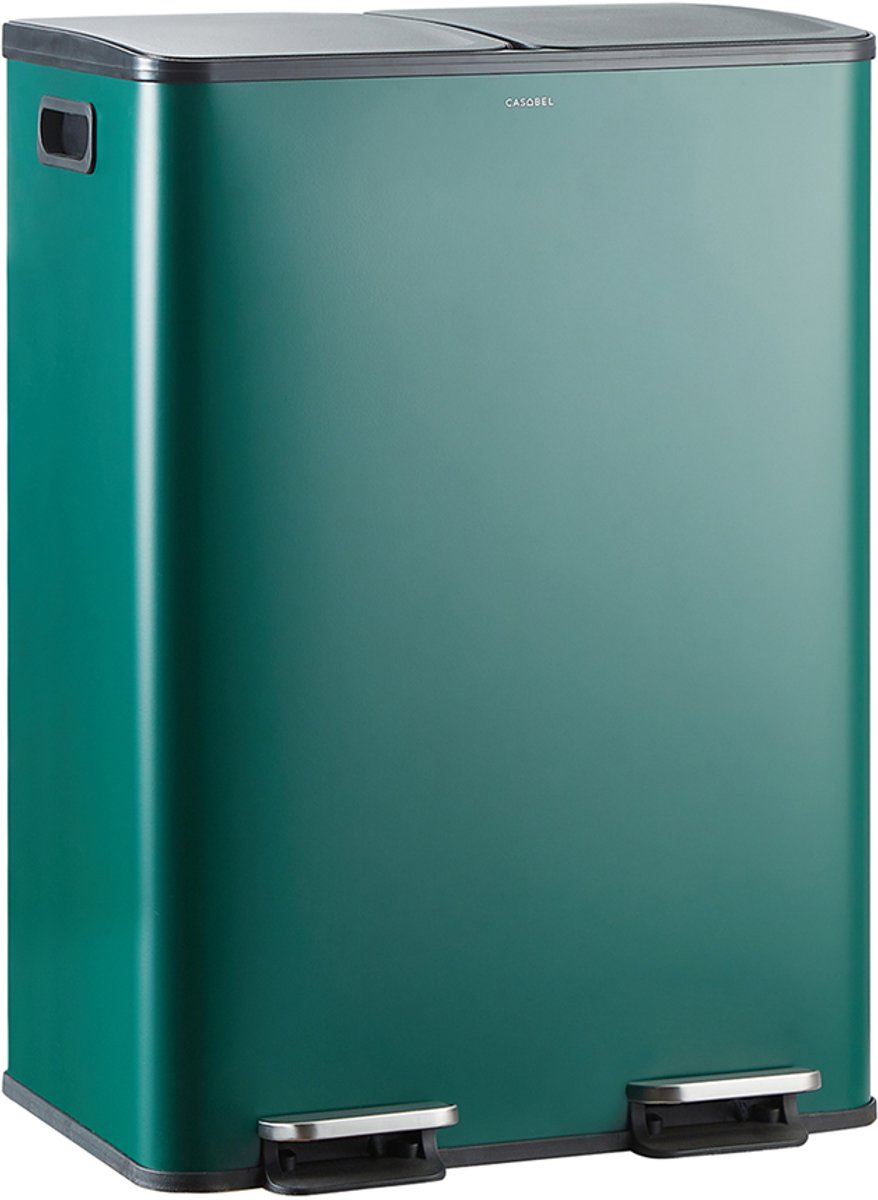 CASABEL 60L Recyclingbak, 2x30L Roestvrij Staal, Donkergroen, Dubbele Vakken, Pedaal, Uitneembare Bakken, Geluidsarme Deksel
