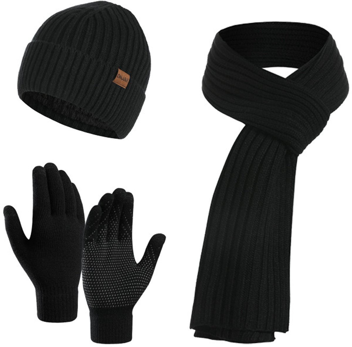 3 Stuks Wintermuts, Muts, Sjaal En Handschoenen Set - Heren, Dames, Skimuts, Touchscreen Wanten - Bijpassende Hoeden Voor Heren, Dames - Zwart