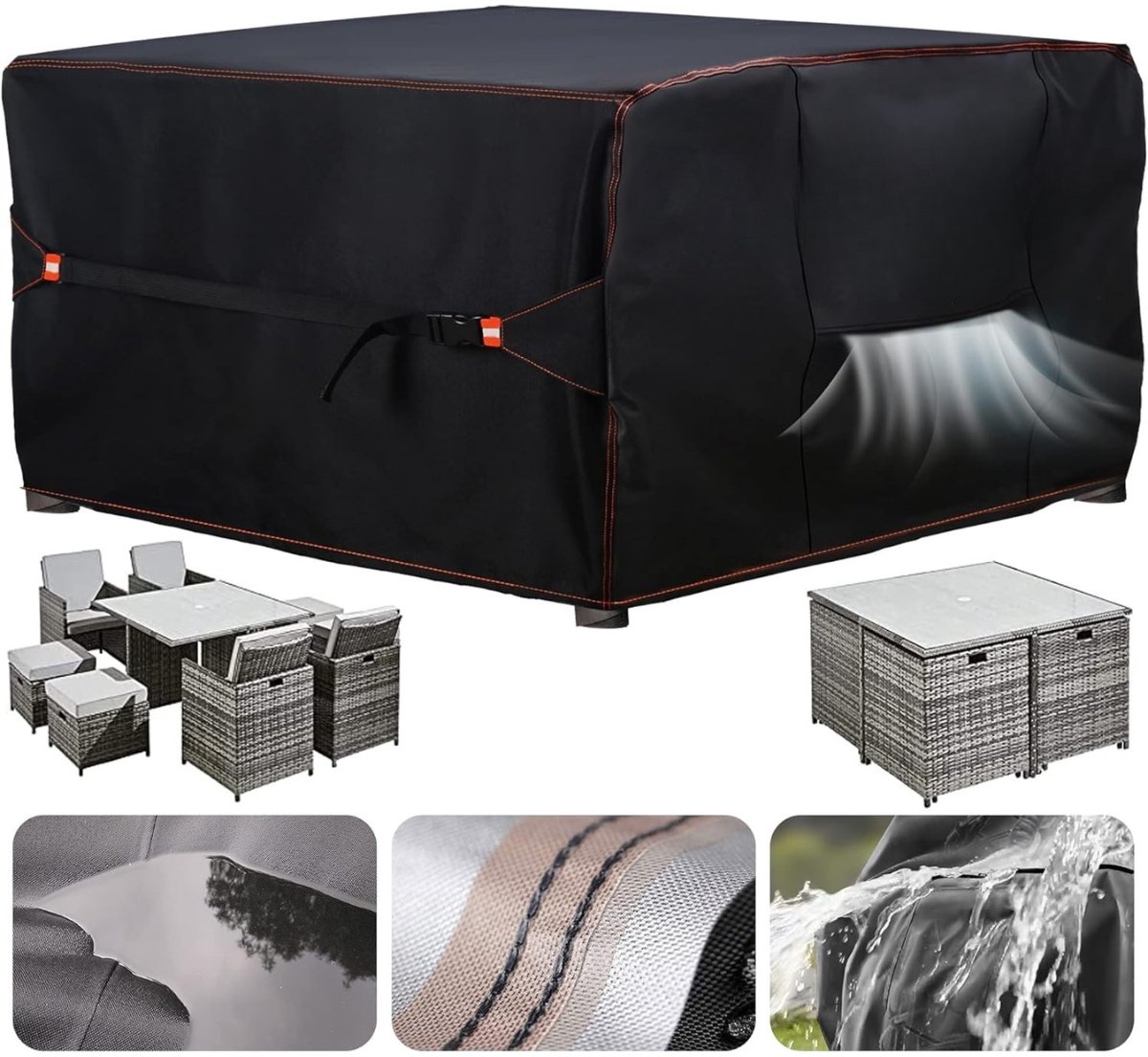 Famanu Tuinmeubelhoezen, waterdicht, voor buiten, 126 x 126 cm, terras, rotan, kubus, set afdekking buiten, heavy duty Oxford-stof, tuintafelafdekking met ventilatie Zwart