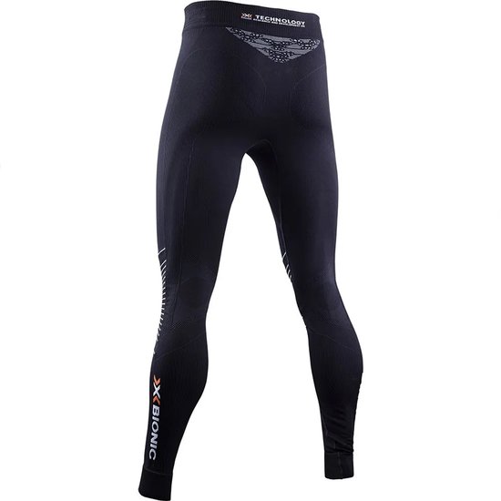 Sous-vêtement de sport de compression noir X-Bionic avec texture côtelée et accents argentés, logo sur le mollet.