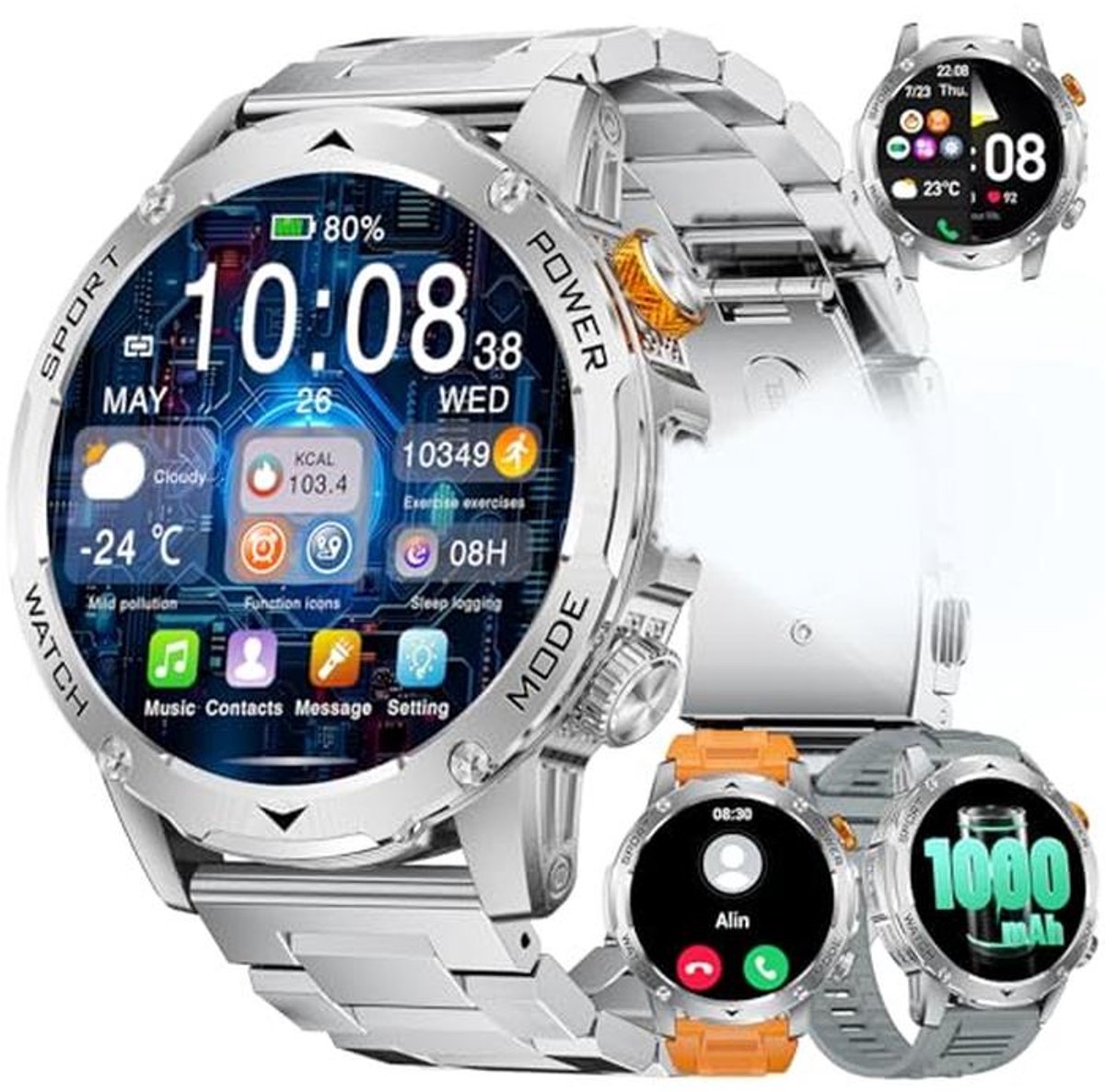 Smartwatch voor heren met bluetooth-oproepen, 1,75 inch HD-display, IP68 waterdicht, 1000 mAh batterij en 120 sportmodi