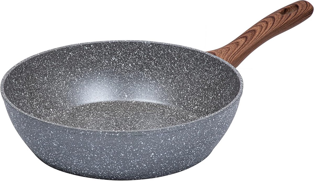 Diepe Koekenpan 28 cm met Marmeren Antiaanbaklaag - Ergonomische Houtlook Grip